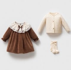 NOYNOY KIZ TRİKO HIRKA KADİFE ELBİSE TAKIM